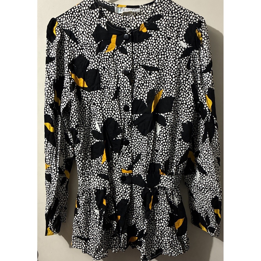 Diversity-Vintage Retro 80s Floral Print Long Sleeve Black White Size 16